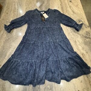 NWT‎ W.A.Y. Women's Medium Blue Mini Dress Tiered 3/4 Flare Sleeve Boho Western